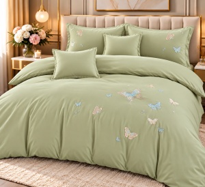 Lenjerie de Pat Matrimonială din Bumbac Satinat, 6 Piese, Cearșaf cu Elastic, Broderie Fluturi,Culoare Verde salvie