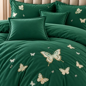 Lenjerie de Pat Matrimonială din Bumbac Satinat, 6 Piese, Cearșaf cu Elastic, Broderie Fluturi, Culoare Verde smarald - Img 3