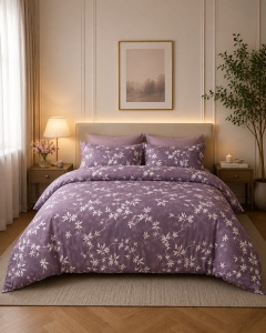 Lenjerie de Pat Matrimoniala din Finet, Set 6 Piese, Mov cu imprimeu floral alb