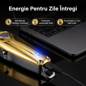 Masina de contur profesionala VGR V-188, Acumulator Li-Ion 1400 mAh, 240 minute autonomie, Lama T din otel inoxidabil, USB, Auriu - Img 6