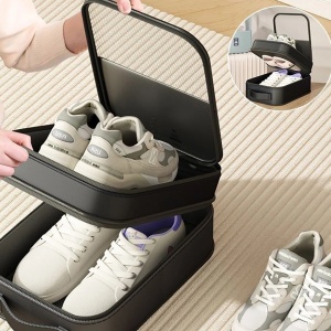 Organizator pentru incaltaminte, cu 2 compartimente, din bumbac, 22x15x30cm, negru/verde/bej - Img 2