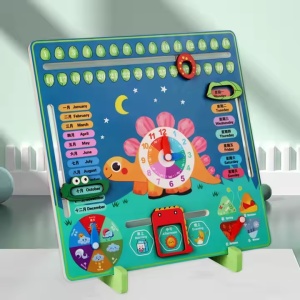 Panou educativ cu Ceas si Calendar din lemn, model Dinozaur, pentru copii 3 ani+ - Img 4