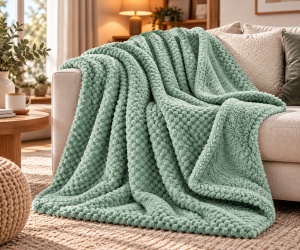 Patura catifelata la atingere cu model reliefat popcorn, Dimensiune 220x150 cm, Culoare verde menta