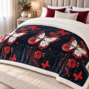 Pătură de pat matrimonială cu captuseala din lână, 200x230 cm, moale, pufoasă și călduroasă, model Fluturi Roșii - Img 3