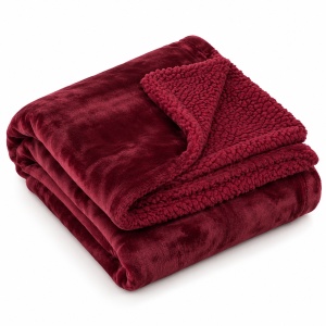 Patura decorativa pentru iarna, cu doua fete catifelate, aspect de blanita , 160x130 cm, rosu bordo