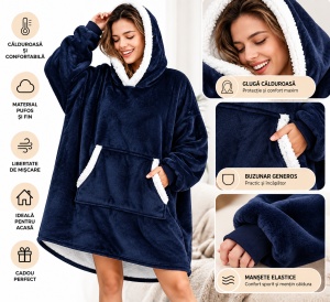 Patura Hanorac Oversize cu Gluga si Buzunar, Captuseala Pufoasa, Moale si Calduroasa, Unisex - Img 4