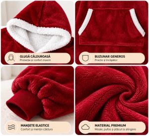 Patura Hanorac Oversize cu Gluga si Buzunar, Captuseala Pufoasa, Moale si Calduroasa, Unisex - Img 14