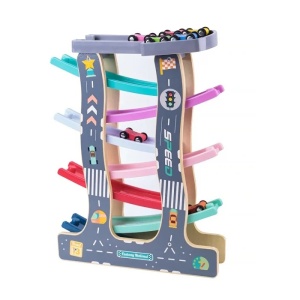 Pista cu 8 masinute, circuit cu rampe colorate, din lemn si plastic, pentru copii 3 ani+, 40x30cm, multicolor - Img 4