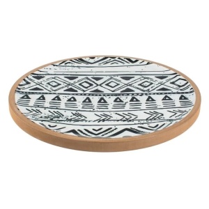 Platou decorativ rotund, pentru decoratiuni sau servit, din lemn cu model liniar, Ø38x2cm, bej/negru - Img 2