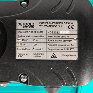 Pompa de suprafata Detoolz 0.75 kW debit 2800l/h inaltime de pompare 43m carcasa pompa fonta - Img 10