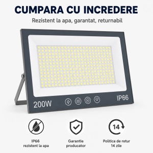 Proiector cu LED-uri de 200W, 20000LM, pentru exterior sau interior, IP66, din sticlă mată anti-orbire - Img 5