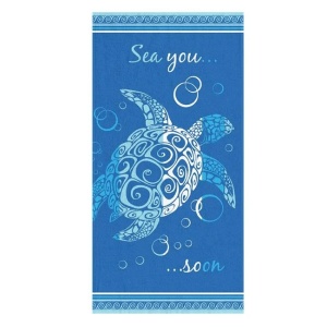 Prosop pentru Plaja, din Bumbac, Model Broasca Testoasa "Sea you Soon" 150x75cm, Albastru-Alb - Img 1