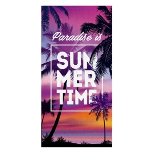 Prosop pentru plaja, Model cu Palmieri si text "Summer Time", din Bumbac, 150x75cm, Lila-Negru - Img 1