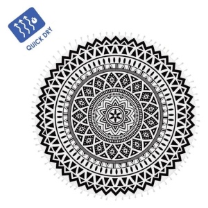 Prosop Rotund pentru Plaja, cu Model Mandala si Franjuri, Diametru 150cm, Alb-Negru - Img 3