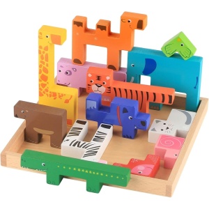 Puzzle 3D cu 13 figurine animale, de stivuire, pentru copii 3 ani+, din lemn, 19.6x19.6x1.5 cm, multicolor - Img 3