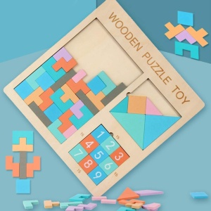 Puzzle cu forme si numere 3D, pentru copii 3 ani+, din lemn, 30x30 cm, Multicolor - Img 3