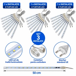 Set 3 Instalatii Luminoase de Craciun, Model Ploaie de Meteori, 24 Turturi LED luminosi, Lungime 50cm, Interconectabile, Rezistente la Temperaturi Scazute - Img 7