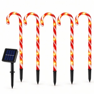 Set 5 acadele luminoase solare de Crăciun, lumină alb cald/roșu, înălțime 36 cm, cu panou solar, pentru grădină și alei