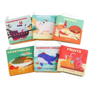 Set 6 carti educative, senzoriale, textile, pentru bebelusi 3 luni+, 12x10x2 cm, multicolor
