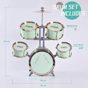 Set cu 5 tobe de jazz, un chimval metalic, 2 ciocane si un scaunel, pentru copii 3 ani+, verde/roz - Img 4