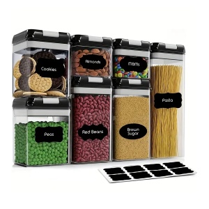Set cu 7 cutii ermetice pentru alimente, design stivuibil, plastic, capac negru, recipient transparent - Img 5
