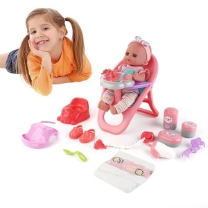 Set cu scaun de masa si papusa bebelus, Accesorii incluse si 12 sunete