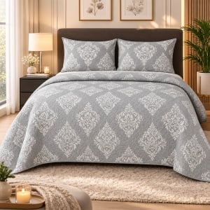 Set Cuvertură Pat 2 Persoană 220x240cm cu 2 Fețe de Pernă 49x68cm, Model floral, Culoare Gri deschis