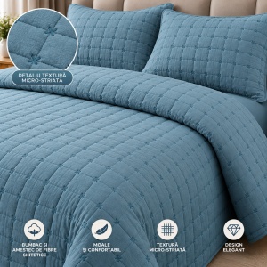 Set Cuvertură Pat Matrimonial 4 Piese Bumbac, Cuvertură 230x240 cm, Cearșaf cu Elastic 180x200 cm, 2 Fețe de Pernă 55x80 cm,Culoare Albastru - Img 3