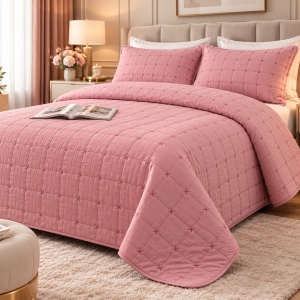 Set Cuvertură Pat Matrimonial 4 Piese Bumbac, Cuvertură 230x240 cm, Cearșaf cu Elastic 180x200cm, 2 Fețe de Pernă 55x80cm,Culoare Roz Pudrat