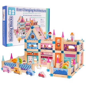 Set de Constructie din Lemn Natural si Plastic pentru Copii 3 ani+, cu 278 de Piese, Casuta papusi, 38x28x7.8 cm, Multicolor - Img 3
