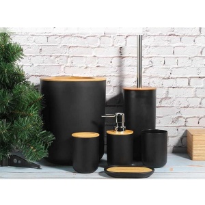 Set pentru baie 6 in 1, cu perie WC, cos gunoi, dispenser sapun, suport sapun si pahare periute dinti, plastic si bambus, negru - Img 2