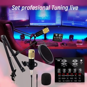 Set profesional cu Mixer Audio si Microfon MIC8, pentru podcast, inregistrare, live, tiktok, negru-auriu - Img 3