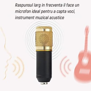 Set profesional cu Mixer Audio si Microfon MIC8, pentru podcast, inregistrare, live, tiktok, negru-auriu - Img 6