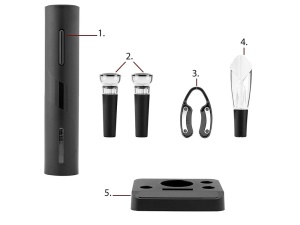 Set Tirbuson Electric cu Suport Welora®, 4 in 1 cu taietor de folie, dop de vid si aerator/varsator de vin, Desfacator Pentru Vin, Model 2023, Calitate Premium, Multifunctional, Negru - Img 5
