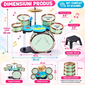 Set Tobe Jazz pentru Copii, 5 Tobe, 12 Moduri Muzicale, Lumini, Conectare Microfon și Căști, Volum Reglabil, Scăunel și Bețe, 3 Ani+, Roz/Verde - Img 6