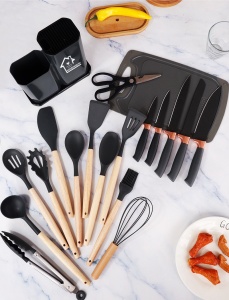 Set ustensile bucatarie Welora 19 piese Lemn si Silicon alimentar, Cutite, Tocator, Termorezistente, Antiaderente, Suport Blat, Negru/Gri/Turcoaz - Img 4
