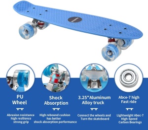 Skateboard cu Lumini, pentru copii de 4 ani+, rulmenti ABEC-7, roti din silicon, 55 x 14.5 cm, Albastru/Rosu - Img 4