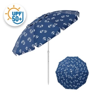Umbrela de Plaja Anti Vant, Model cu Ancore Albe, UPF 50+, Cadru Metalic cu 4 Inele, Ø2.25cm, Albastru - Img 1
