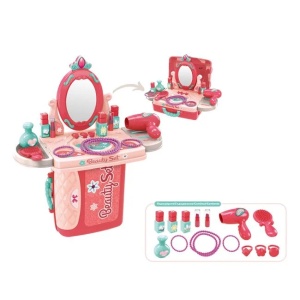 Valiza cutie de bijuterii cu oglinda si accesorii, include 14 piese, 26x10x20cm, roz-verde - Img 2