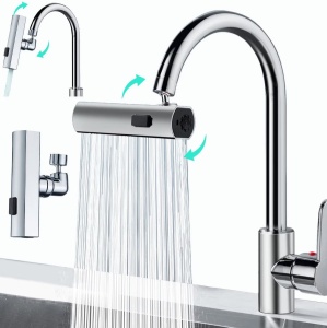 Adaptor prelungitor universal pentru baterii de bucătărie sau baie, cu braț rotativ la 360° și funcție de economisire a apei