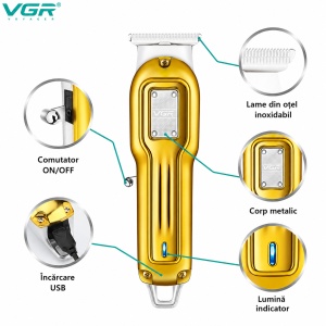 Aparat de contur si tuns Profesional VGR V-919, Lama T din Otel Inoxidabil, Incarcare USB, Autonomie 100 Minute, Auriu - Img 4