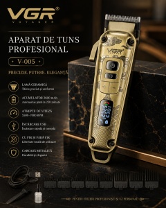Aparat de tuns profesional VGR V-005, Autonomie 250 Minute, Lama Ceramica, Display LED, USB, Auriu Vintage - Img 4