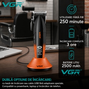 Aparat de tuns Profesional VGR V-889C, Motor 9000 RPM, Acumulator 2500 mAh, Lame Ceramice + DLC, Ecran LED, Autonomie 180 Minute - Img 4