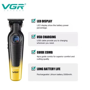 Aparat de Tuns VGR V-996, Profesional, Ecran LED, Reîncărcabil, Lame T-Shape din Oțel, 4 Piepteni, Negru-Galben - Img 2