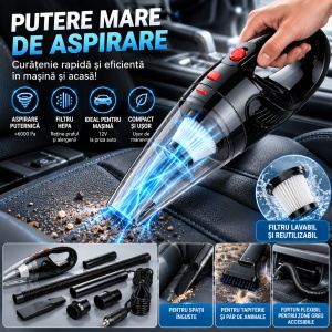 Aspirator auto cu alimentare 12V la priza auto, Cablu 4,2 m, Recipient detasabil, Furtun, Duza ingusta si perie - Img 2