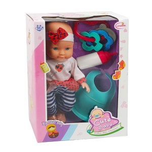Bebelus de jucarie 18+ luni, cu hainute, biberon si jucarii zornaitoare, plastic, 28 cm, multicolor - Img 2