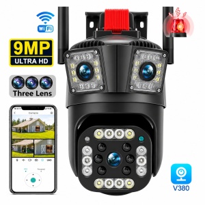 Camera de Supraveghere WiFi 9MP Ultra HD, 3 Lentile, PTZ 355°, Detectare Umana AI, Vedere Nocturna Color, Audio Bidirectional