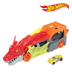 Camion in forma de dragon Hot Wheels care lanseaza masini, insotit de o masina Hot Wheels