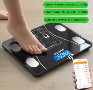Cantar corporal inteligent, cu diagnostic si termometru, USB, Bluetooth, App pentru fitness, din sticla securizata, LCD, negru - Img 9