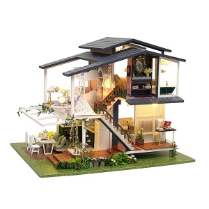 Casa pentru copii, de asamblat DIY, din lemn, cu mobilier si iluminare, 23.5x32x24.5 cm, alb-negru - Img 2